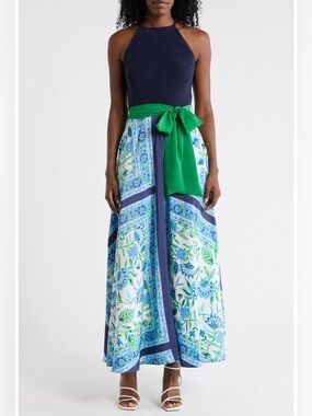 New Eliza J Halter Neck Twofer Maxi Dress Scarf Print Blue Sz 10